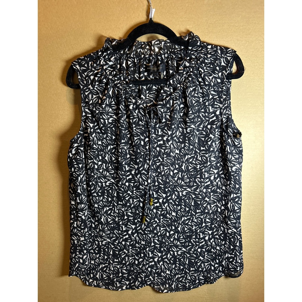 Donna Karan New York Sleeveless Ruffled Neck Blouse‎ White Leaf Print Size S
